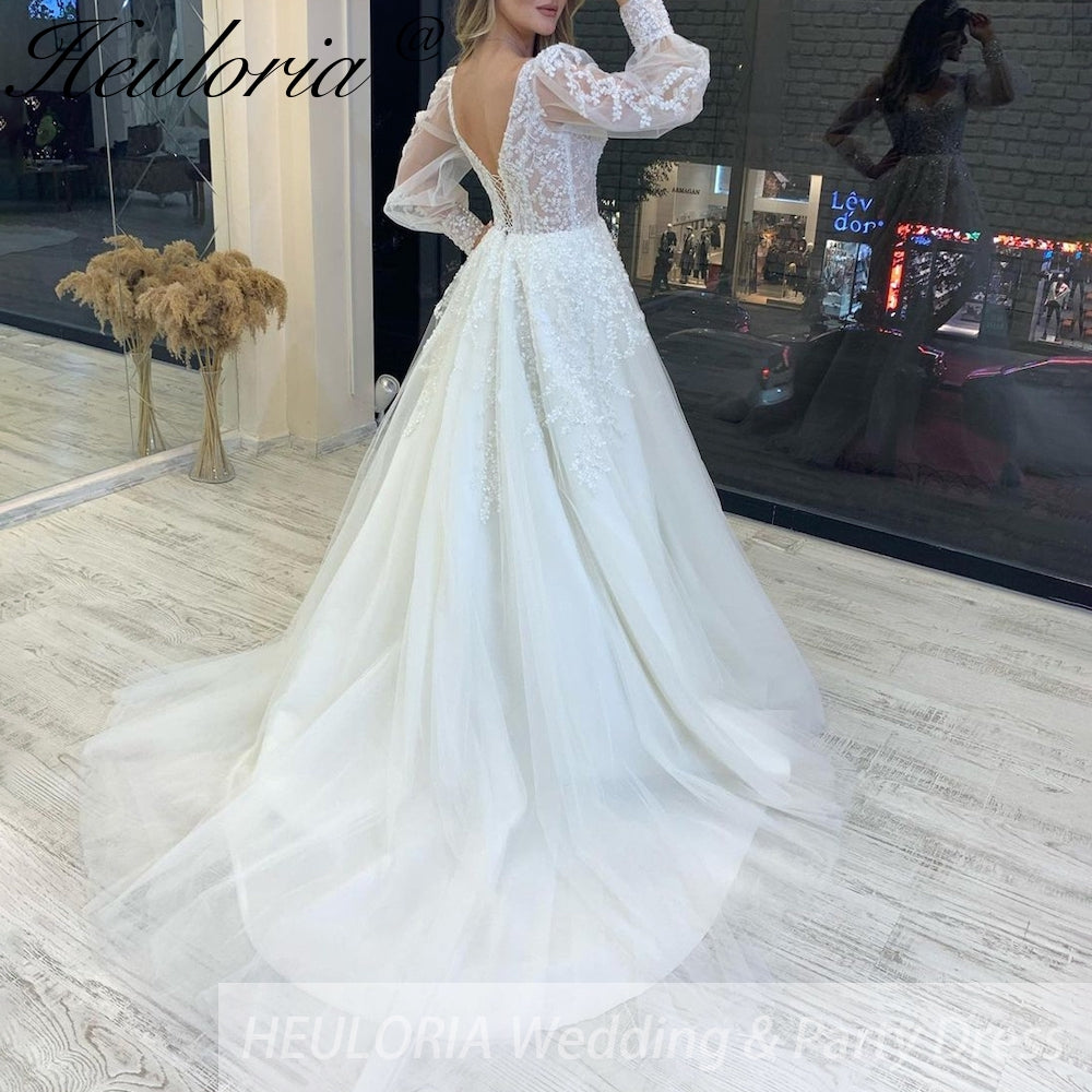 HEULORIA elegant A line wedding dress long sleeve Sparkly Glitter lace beading bride dress Robe De Mariee Wedding Bride Dress AL-233