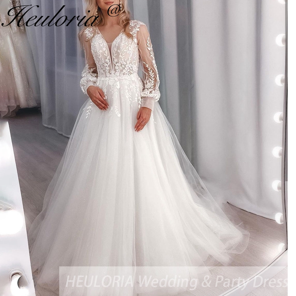 HEULORIA Sparkly Glitter A line Wedding Dress long sleeve lace bride dress plus size robe de mariee  A line Wedding Bridal Gown AL-254 Main image