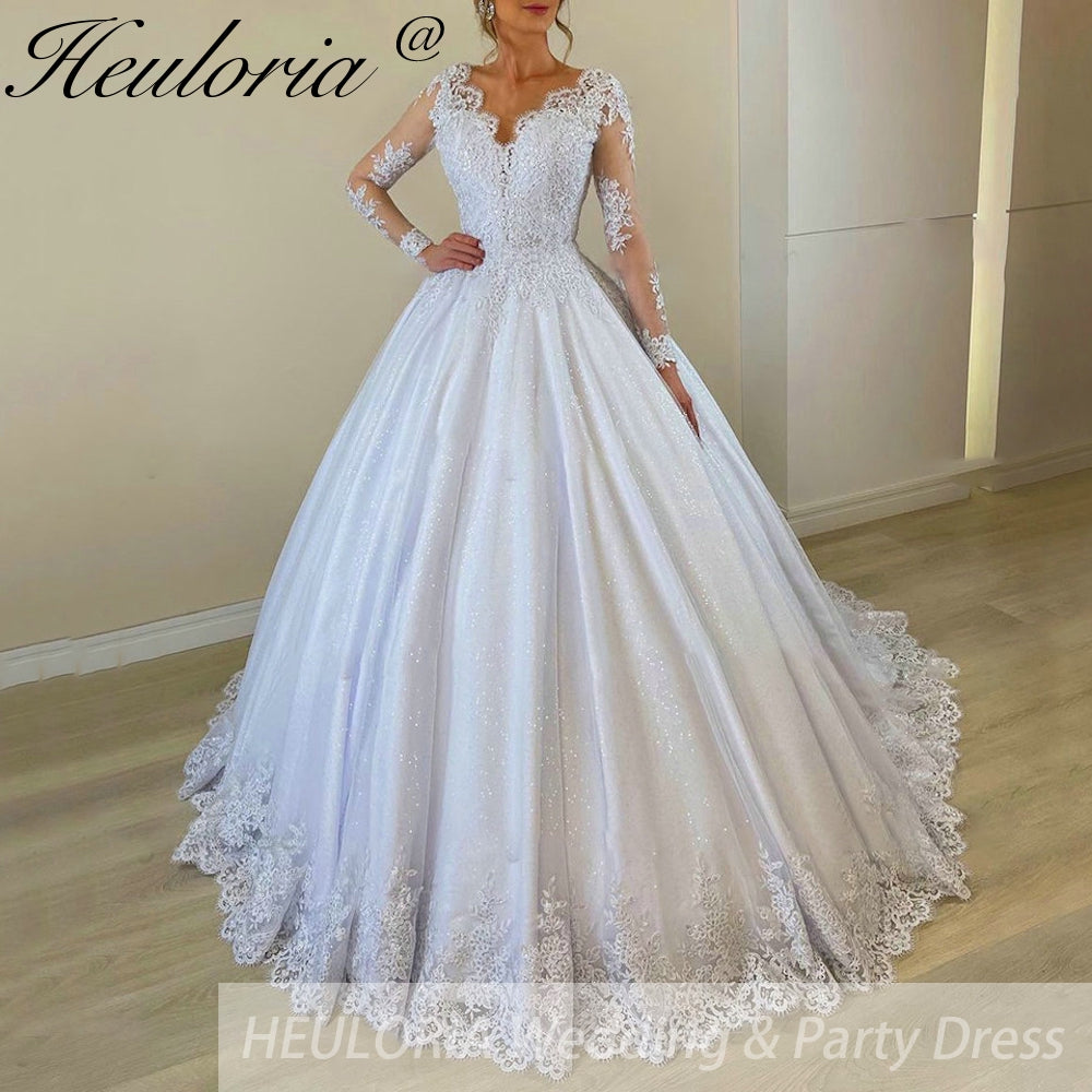 Princess Wedding Dress long sleece v neck lace bride dress plus size robe de mariee Lace beading Wedding Bridal Gown BA-64
