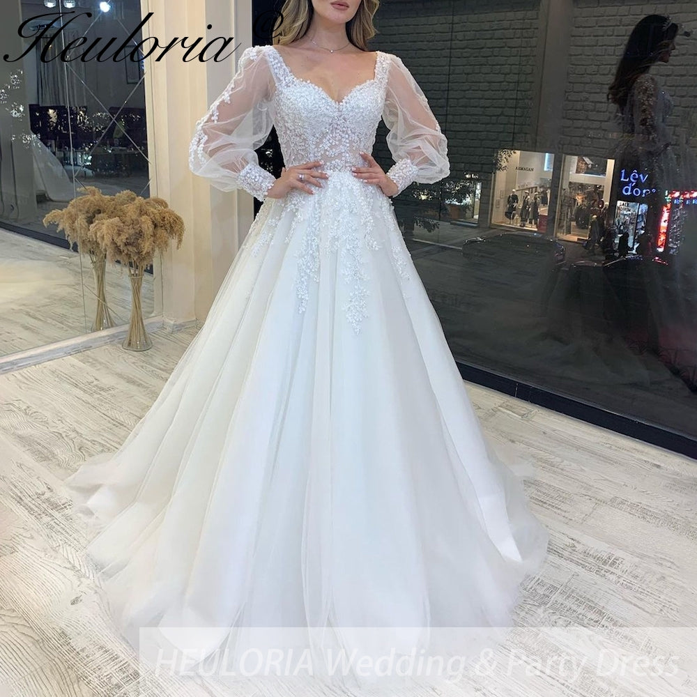 HEULORIA elegant A line wedding dress long sleeve Sparkly Glitter lace beading bride dress Robe De Mariee Wedding Bride Dress AL-233