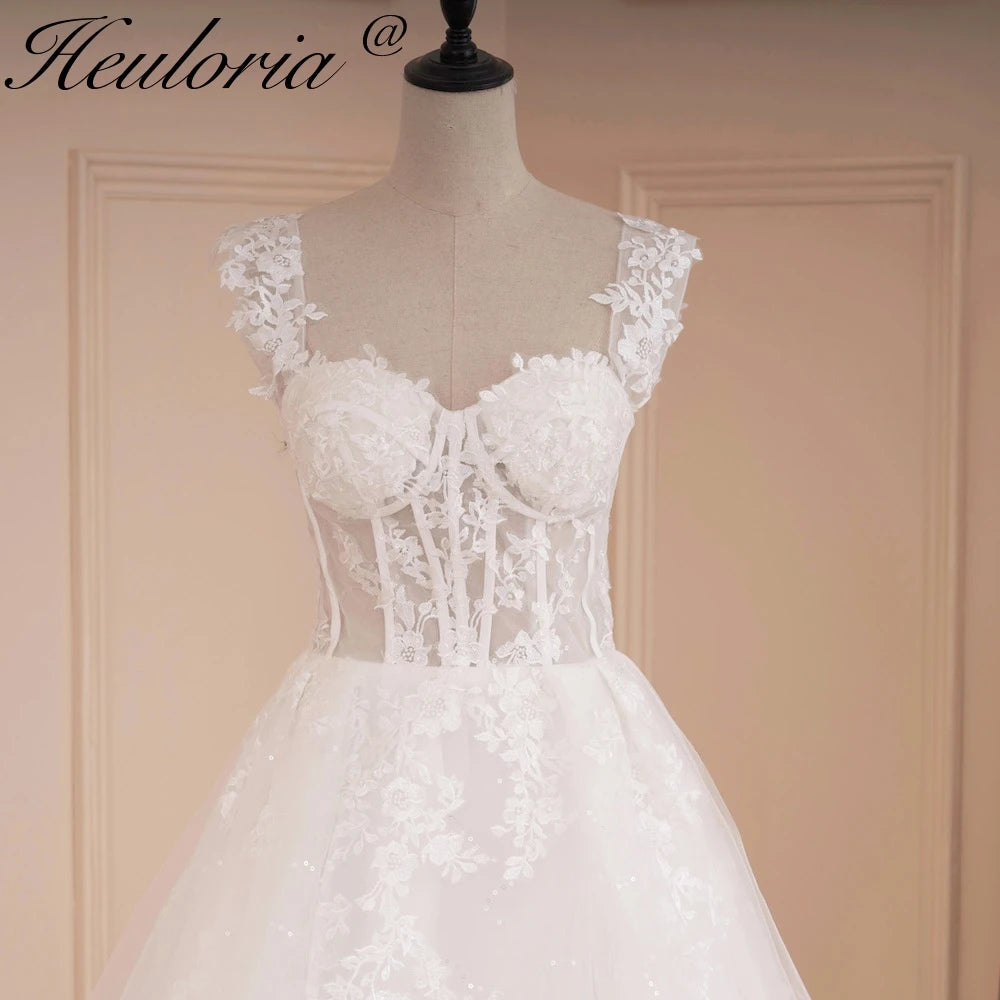 HEULORIA A-line Sweetheart Court Train Lace Tulle Wedding Dress With Sequins AL-543