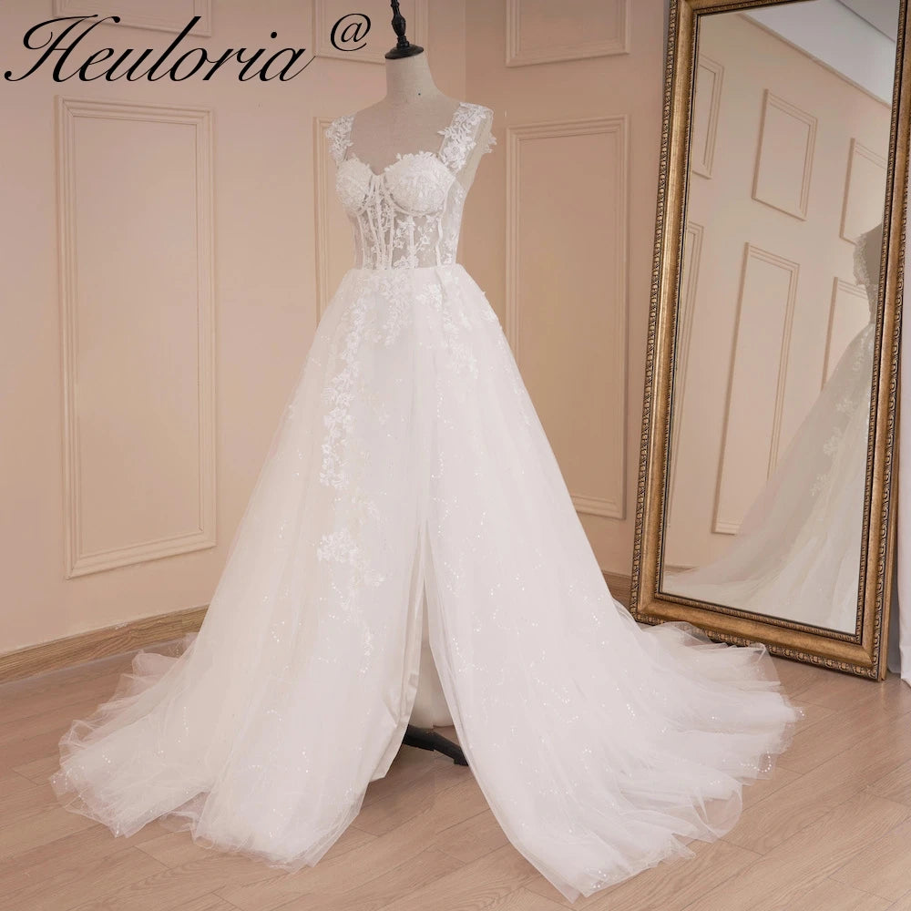 HEULORIA A-line Sweetheart Court Train Lace Tulle Wedding Dress With Sequins AL-543