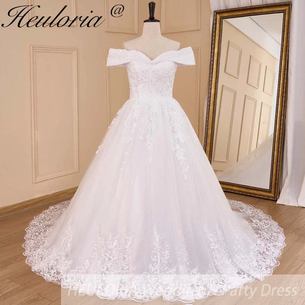 HEULORIA Ball-Gown/Princess Off the Shoulder Court Train Tulle Lace Wedding Dress With Sequins Beading