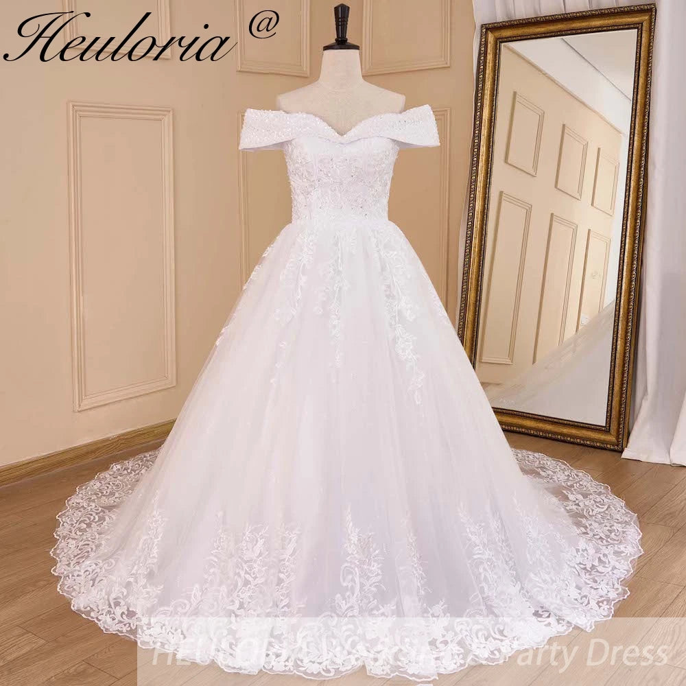 HEULORIA Ball-Gown/Princess Off the Shoulder Court Train Tulle Lace Wedding Dress With Sequins Beading