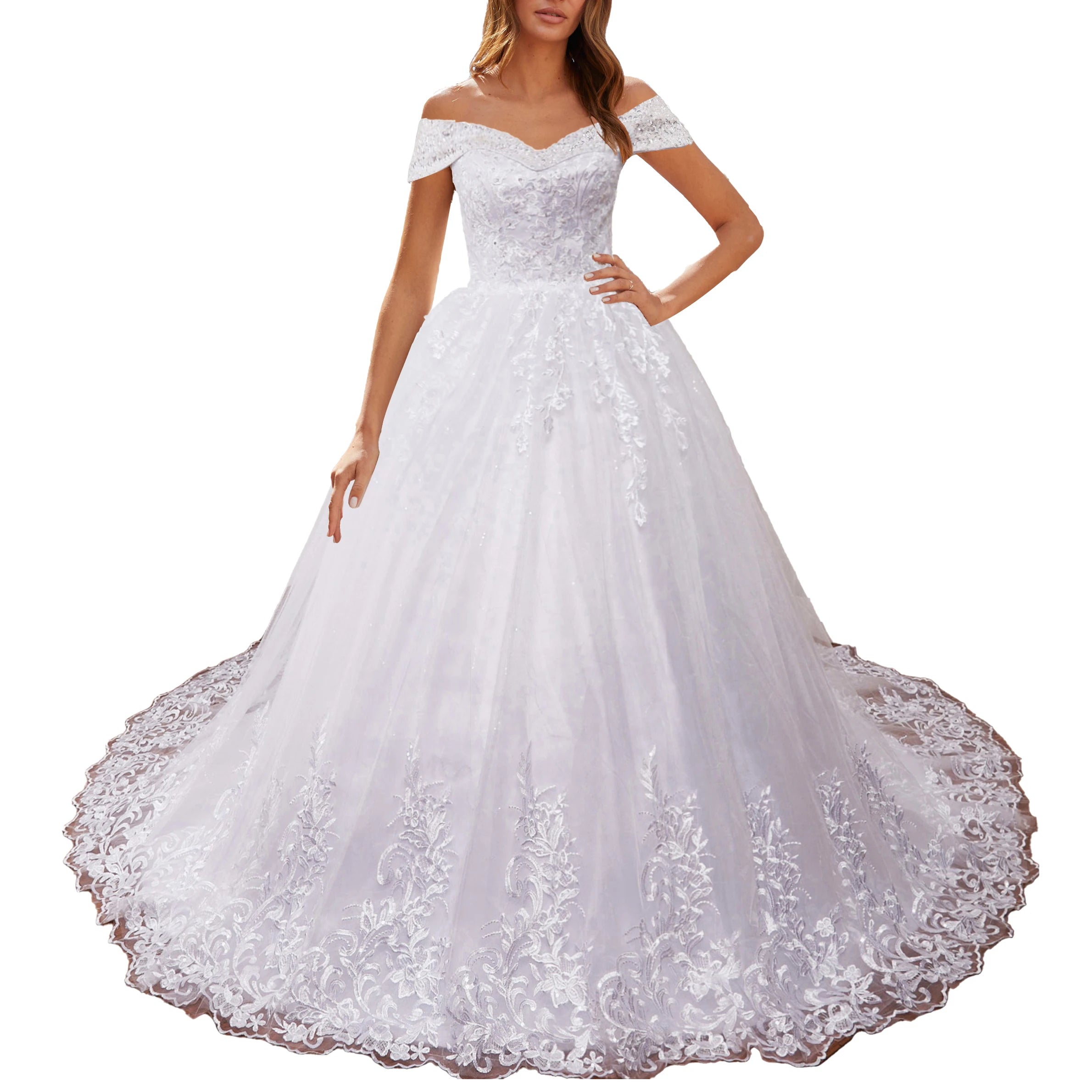 HEULORIA Ball-Gown/Princess Off the Shoulder Detachable sleeve Court Train Tulle Lace Wedding Dress With Sequins Beading BA-0929