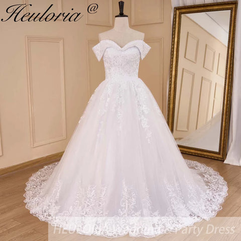 HEULORIA Ball-Gown/Princess Off the Shoulder Court Train Tulle Lace Wedding Dress With Sequins Beading