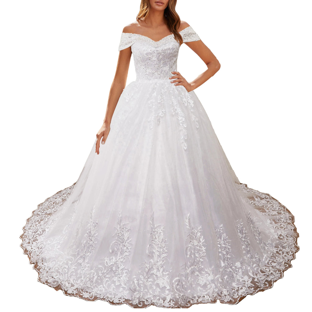 HEULORIA Ball-Gown/Princess Off the Shoulder Detachable sleeve Court Train Tulle Lace Wedding Dress With Sequins Beading BA-0929