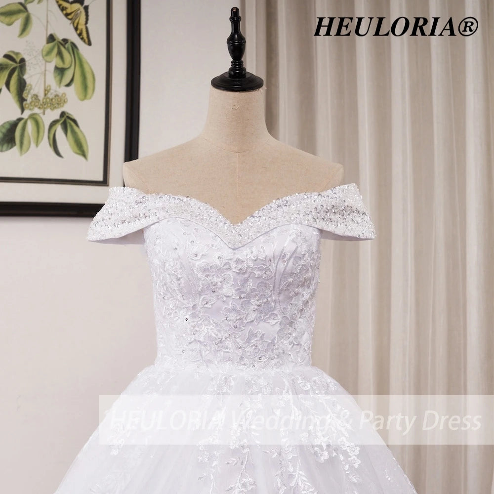 HEULORIA Ball-Gown/Princess Off the Shoulder Detachable sleeve Court Train Tulle Lace Wedding Dress With Sequins Beading BA-0929