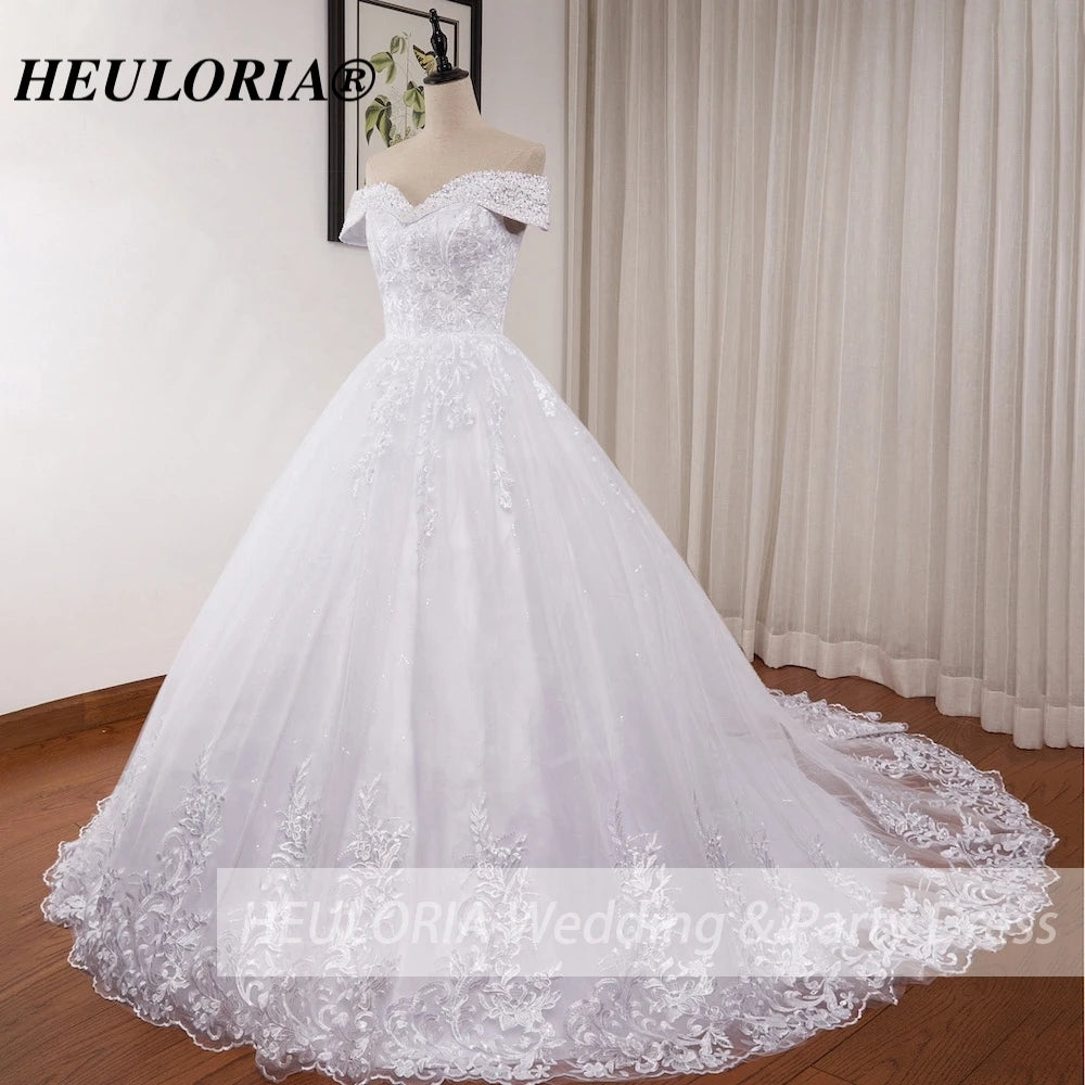 HEULORIA Ball-Gown/Princess Off the Shoulder Detachable sleeve Court Train Tulle Lace Wedding Dress With Sequins Beading BA-0929