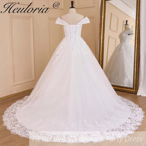 HEULORIA Ball-Gown/Princess Off the Shoulder Court Train Tulle Lace Wedding Dress With Sequins Beading