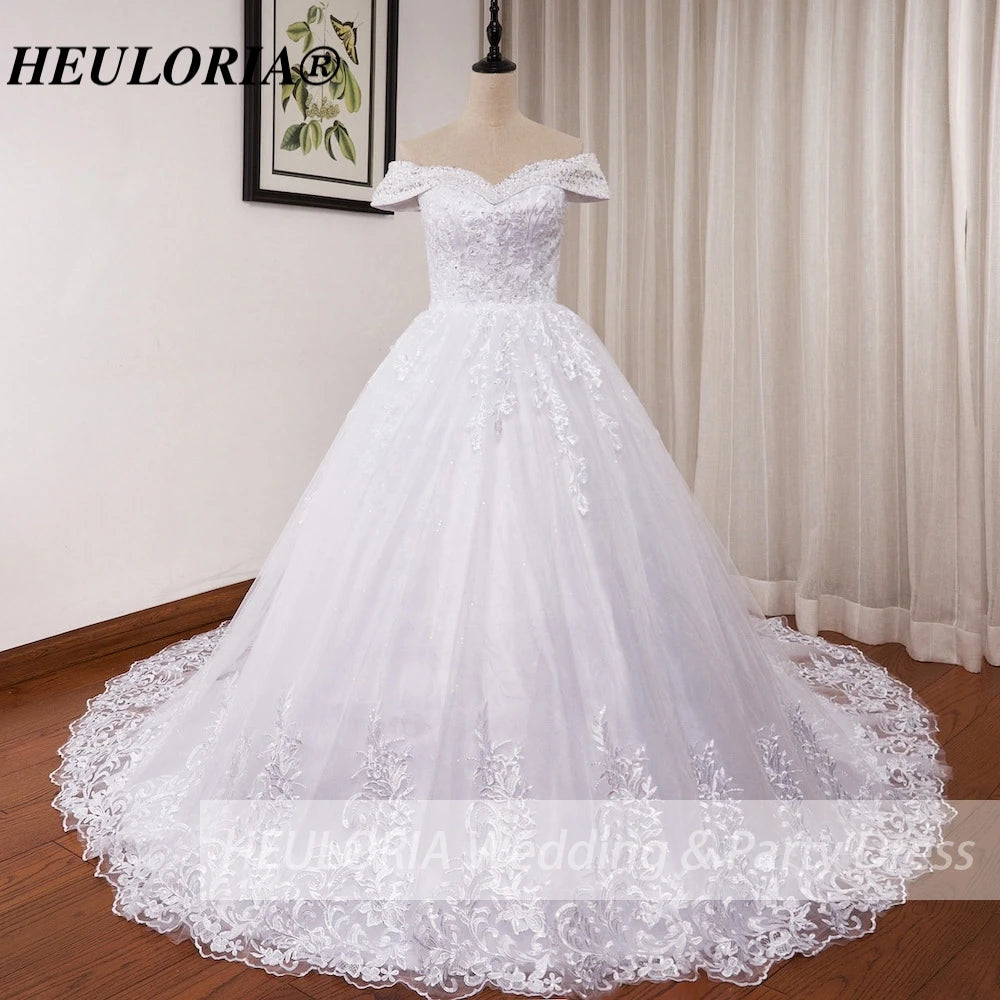 HEULORIA Ball-Gown/Princess Off the Shoulder Detachable sleeve Court Train Tulle Lace Wedding Dress With Sequins Beading BA-0929