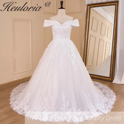HEULORIA Ball-Gown/Princess Off the Shoulder Court Train Tulle Lace Wedding Dress With Sequins Beading