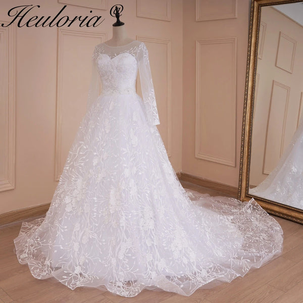 HEULORIA Ball-Gown/Princess Scoop Illusion long sleeve Cathedral Train Tulle Lace Wedding Dress With Sequins
