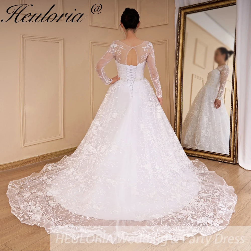 HEULORIA Ball Gown princess Wedding Dresses long sleeve lace bride dress beading belt plus size Robe De Mariee Wedding gown BA-548