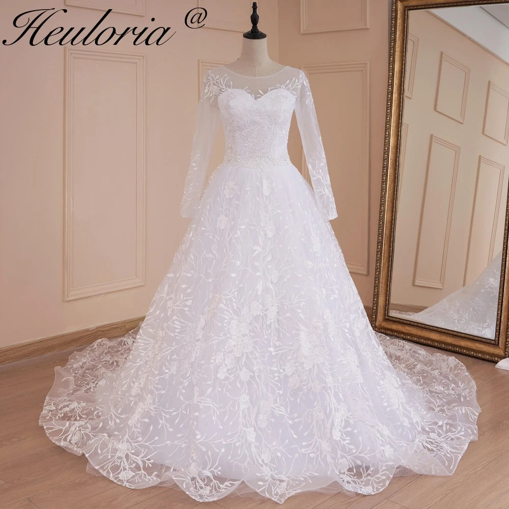 Vestido De baile HEULORIA, vestidos De Boda De Princesa, vestido De novia De encaje De manga larga, cinturón con cuentas, vestido De novia De talla grande 