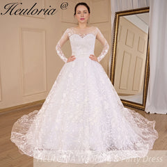 HEULORIA Ball Gown princess Wedding Dresses long sleeve lace bride dress beading belt plus size Robe De Mariee Wedding gown BA-548