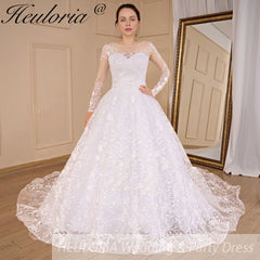 HEULORIA Ball Gown princess Wedding Dresses long sleeve lace bride dress beading belt plus size Robe De Mariee Wedding gown BA-548