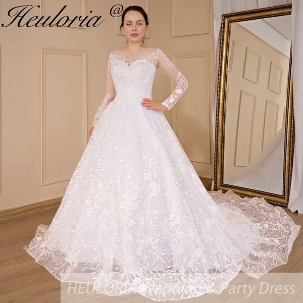 HEULORIA Ball Gown princess Wedding Dresses long sleeve lace bride dress beading belt plus size Robe De Mariee Wedding gown