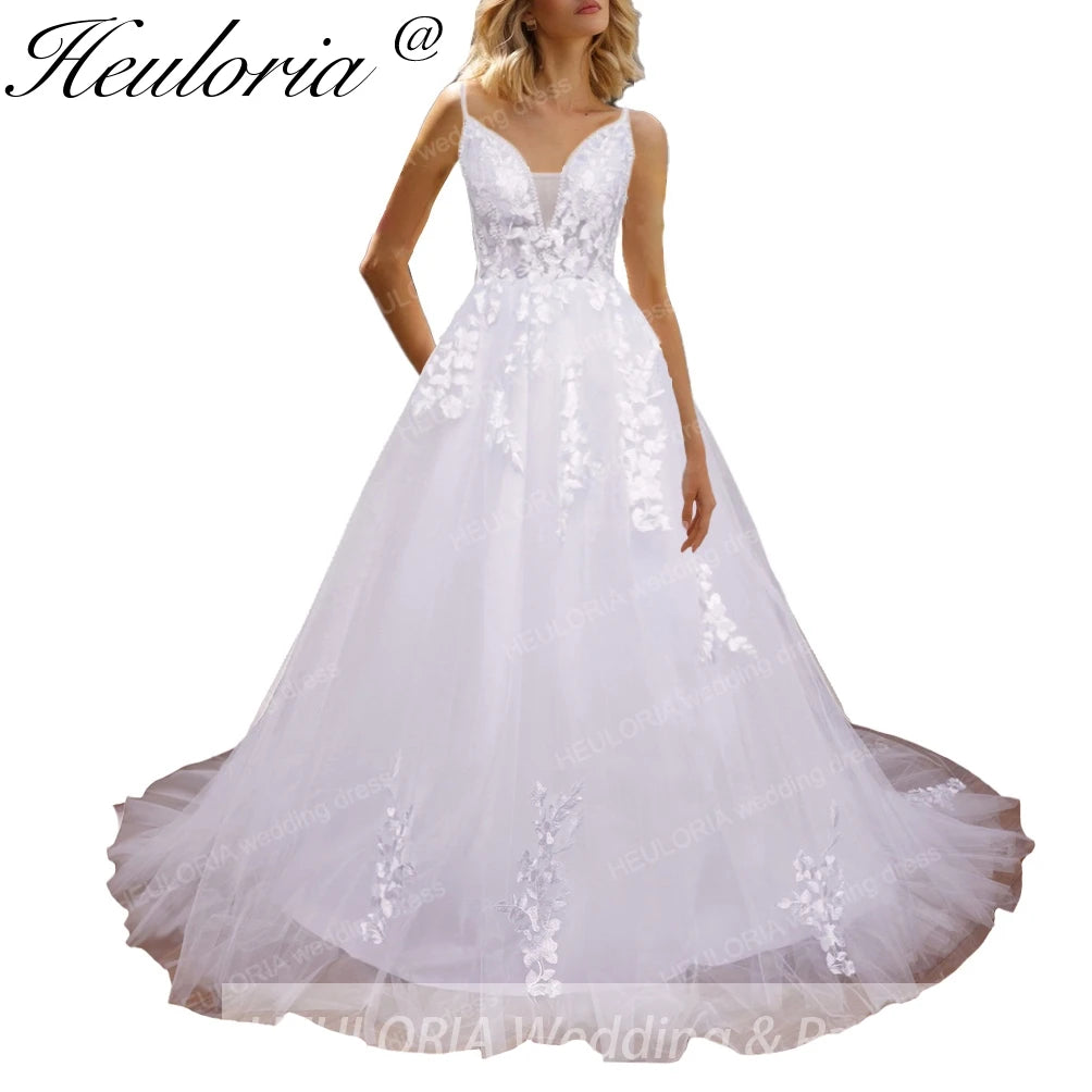 HEULORIA A-line Sweetheart Court Train Lace Tulle Wedding Dress With Sequins beading AL-8195