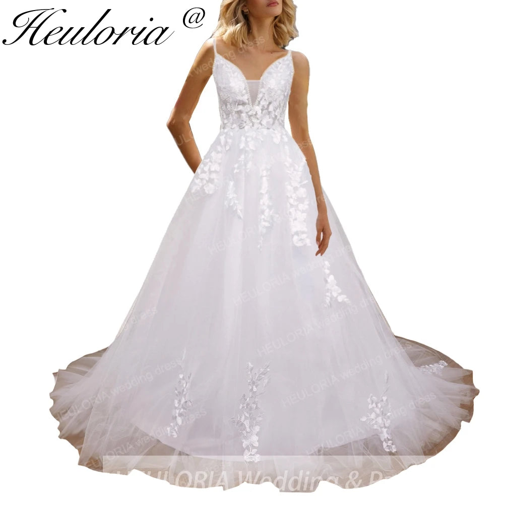 HEULORIA A-line Sweetheart Court Train Lace Tulle Wedding Dress With Sequins beading AL-8195
