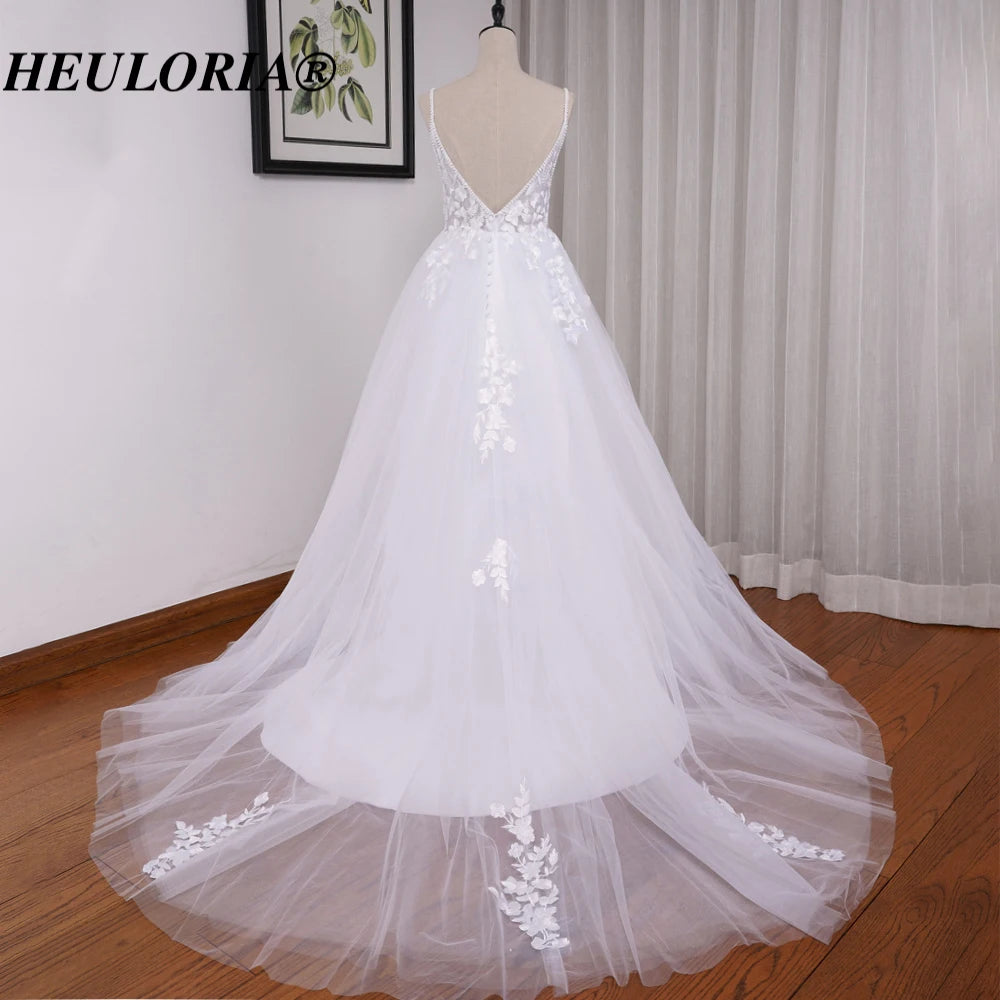 HEULORIA A-line Sweetheart Court Train Lace Tulle Wedding Dress With Sequins beading AL-8195