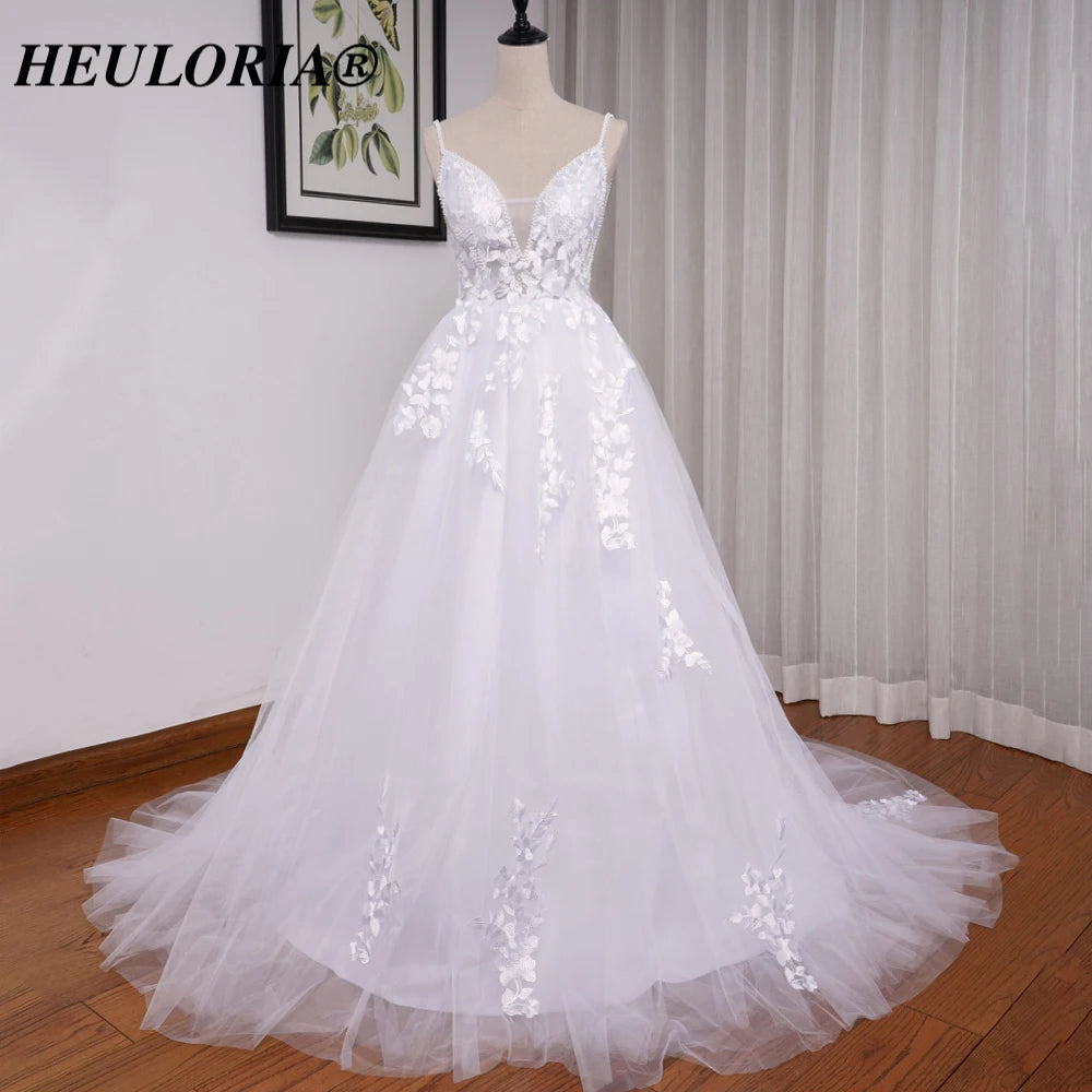 HEULORIA A-line Sweetheart Court Train Lace Tulle Wedding Dress With Sequins beading AL-8195