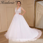 HEULORIA A-line V-Neck Sweep Train Lace Tulle Wedding Dress With Sequins Beading AL-536A