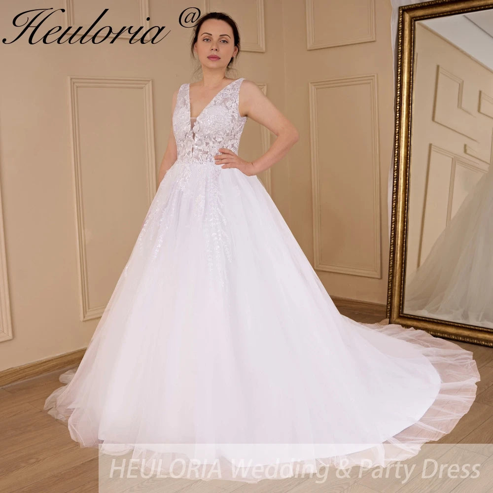 HEULORIA A-line V-Neck Sweep Train Lace Tulle Wedding Dress With Sequins Beading AL-536A