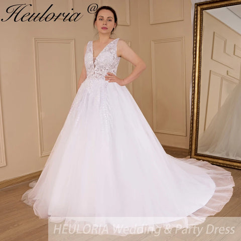 HEULORIA A-line V-Neck Sweep Train Lace Tulle Wedding Dress With Sequins Beading