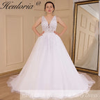 HEULORIA A-line V-Neck Sweep Train Lace Tulle Wedding Dress With Sequins Beading AL-536A