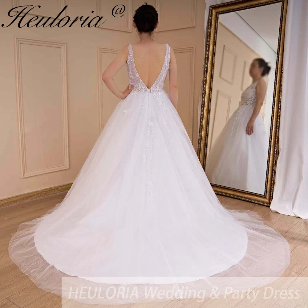 HEULORIA A-line V-Neck Sweep Train Lace Tulle Wedding Dress With Sequins Beading AL-536A