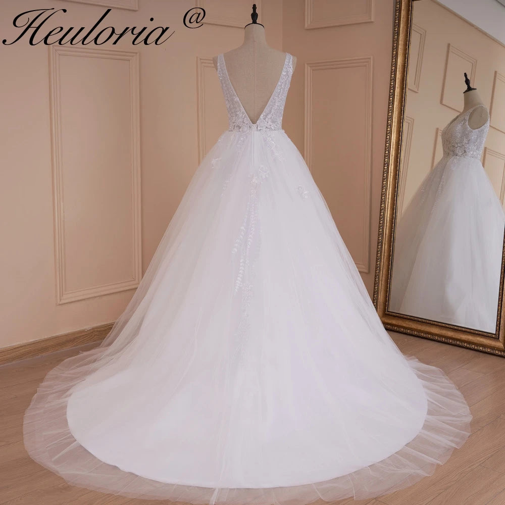 HEULORIA A-line V-Neck Sweep Train Lace Tulle Wedding Dress With Sequins Beading AL-536