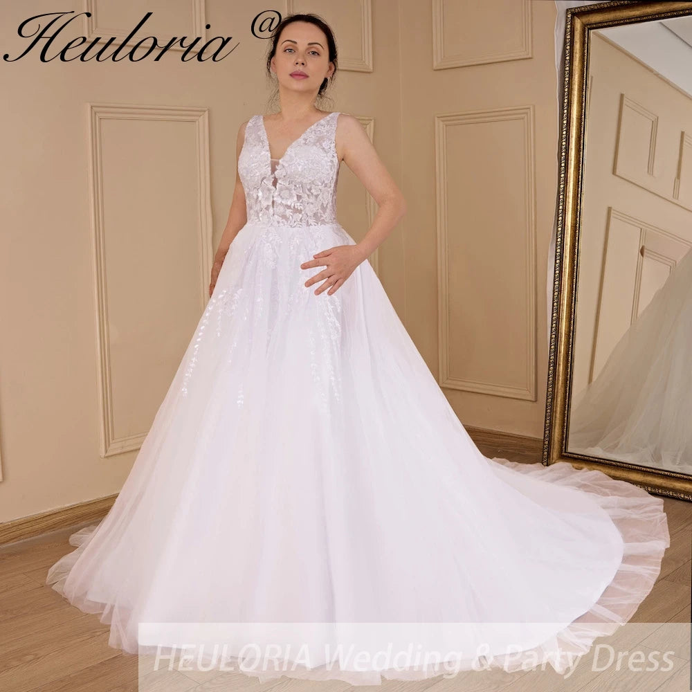 HEULORIA A-line V-Neck Sweep Train Lace Tulle Wedding Dress With Sequins Beading AL-536A