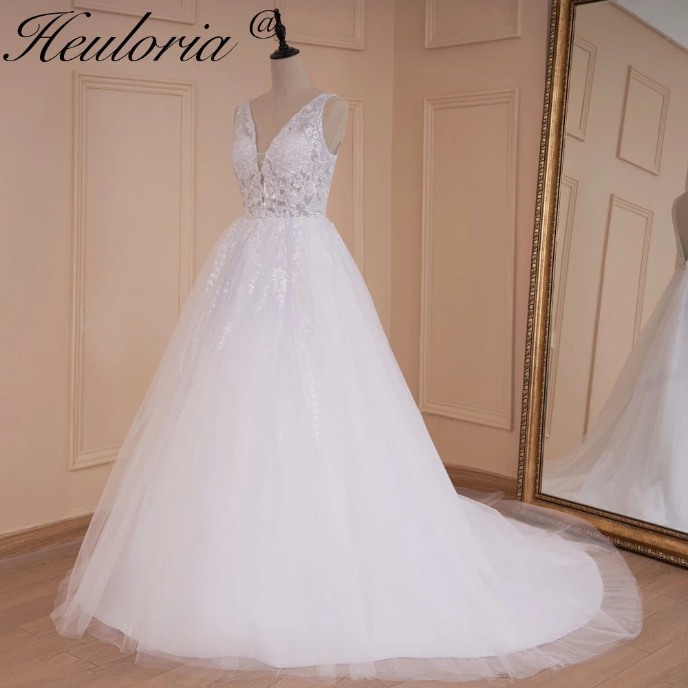 HEULORIA A-line V-Neck Sweep Train Lace Tulle Wedding Dress With Sequins Beading AL-536