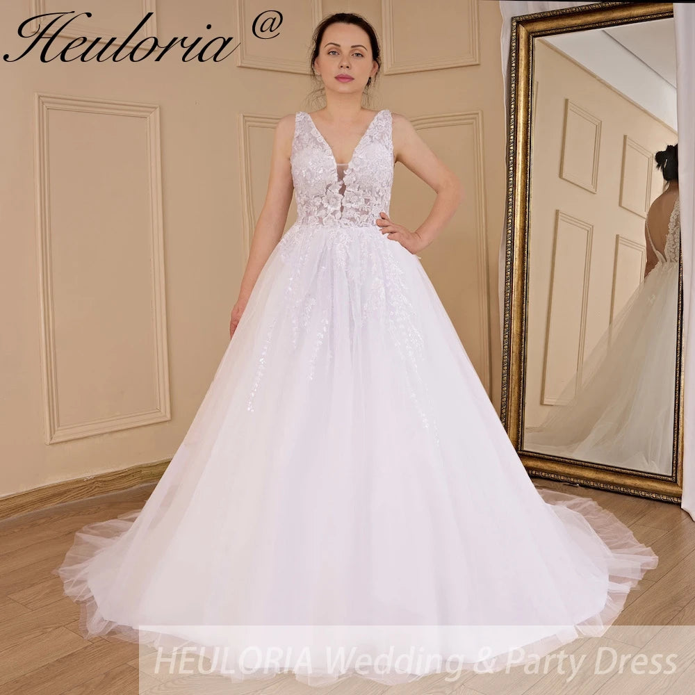 HEULORIA A-line V-Neck Sweep Train Lace Tulle Wedding Dress With Sequins Beading AL-536A
