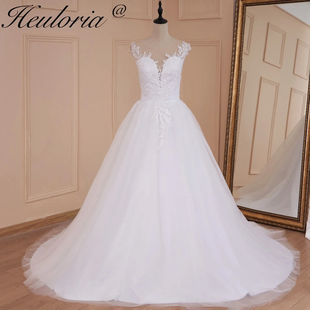 HEULORIA A-line Scoop Illusion Court Train Lace Tulle Wedding Dress With Sequins AL-526 Main image