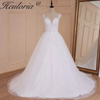 HEULORIA A-line Scoop Illusion Court Train Lace Tulle Wedding Dress With Sequins AL-526