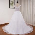 HEULORIA A-line Scoop Illusion Court Train Lace Tulle Wedding Dress With Sequins AL-526