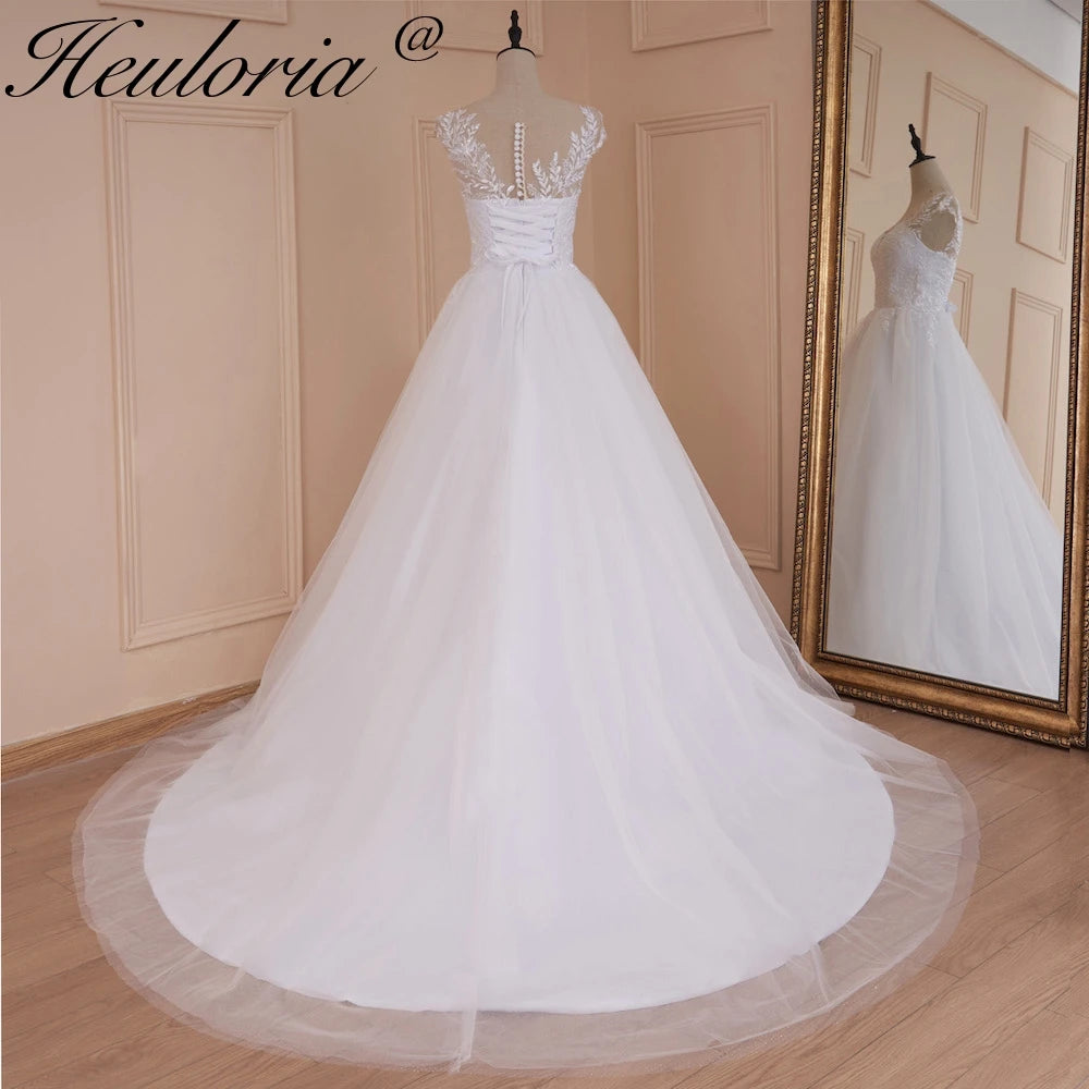 HEULORIA A-line Scoop Illusion Court Train Lace Tulle Wedding Dress With Sequins AL-526