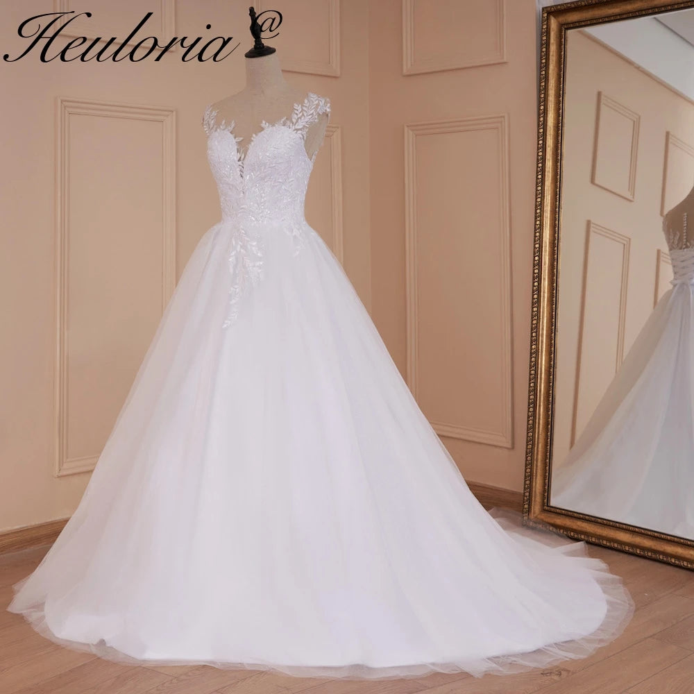 HEULORIA A-line Scoop Illusion Court Train Lace Tulle Wedding Dress With Sequins AL-526