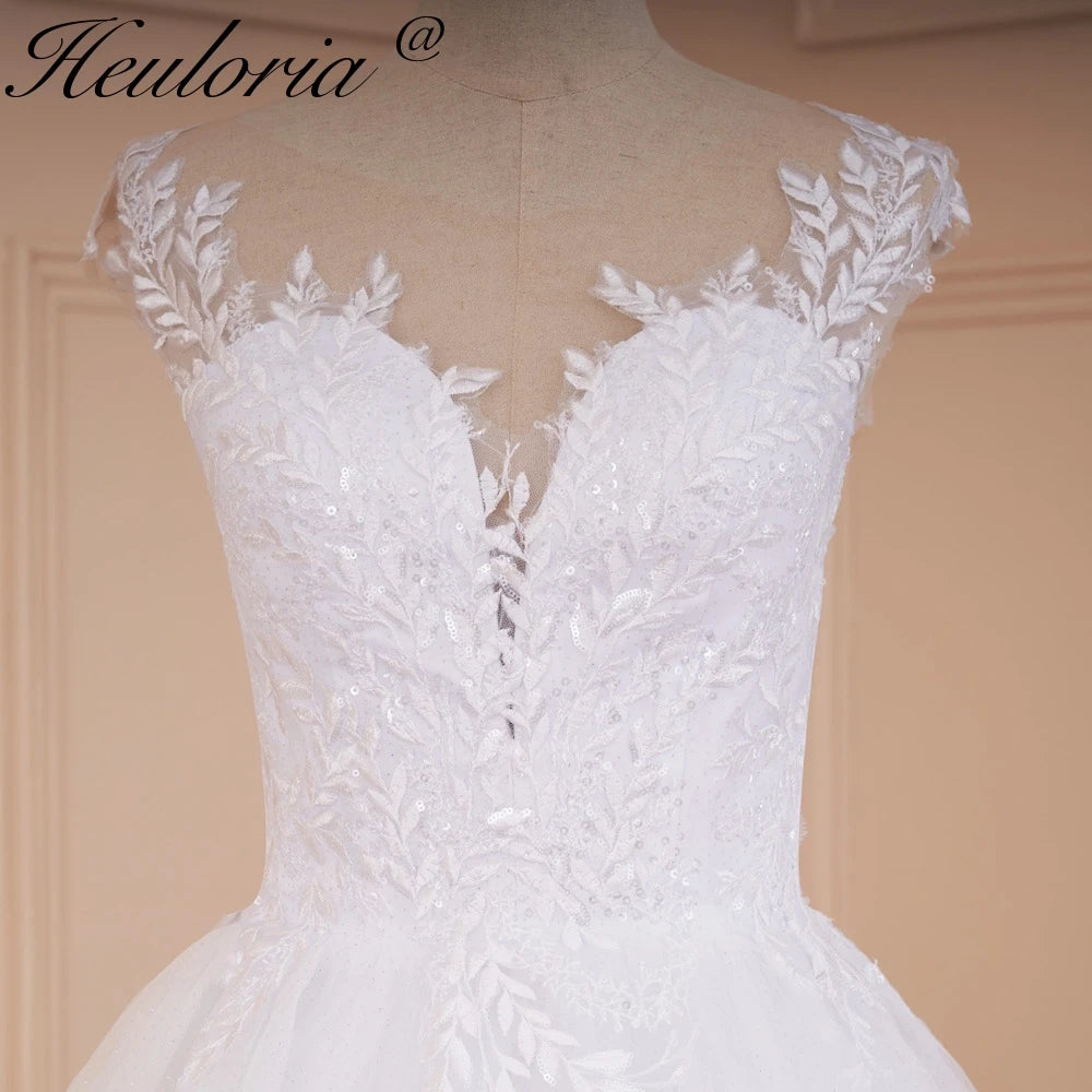 HEULORIA A-line Scoop Illusion Court Train Lace Tulle Wedding Dress With Sequins AL-526