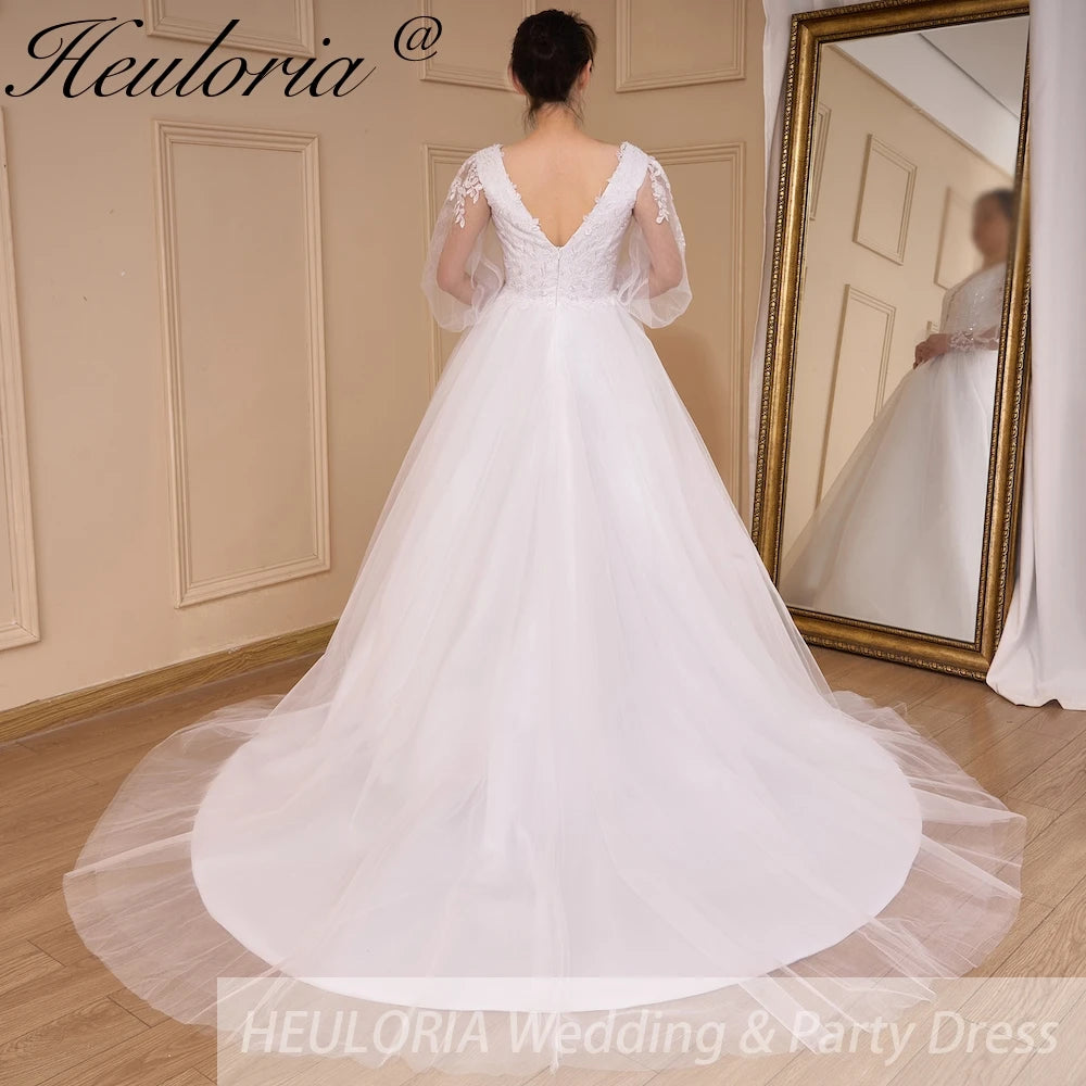 HEULORIA Boho Wedding Dress long sleeve V neck lace bride dress plus size robe de mariee  A line Wedding Bridal Gown AL-783