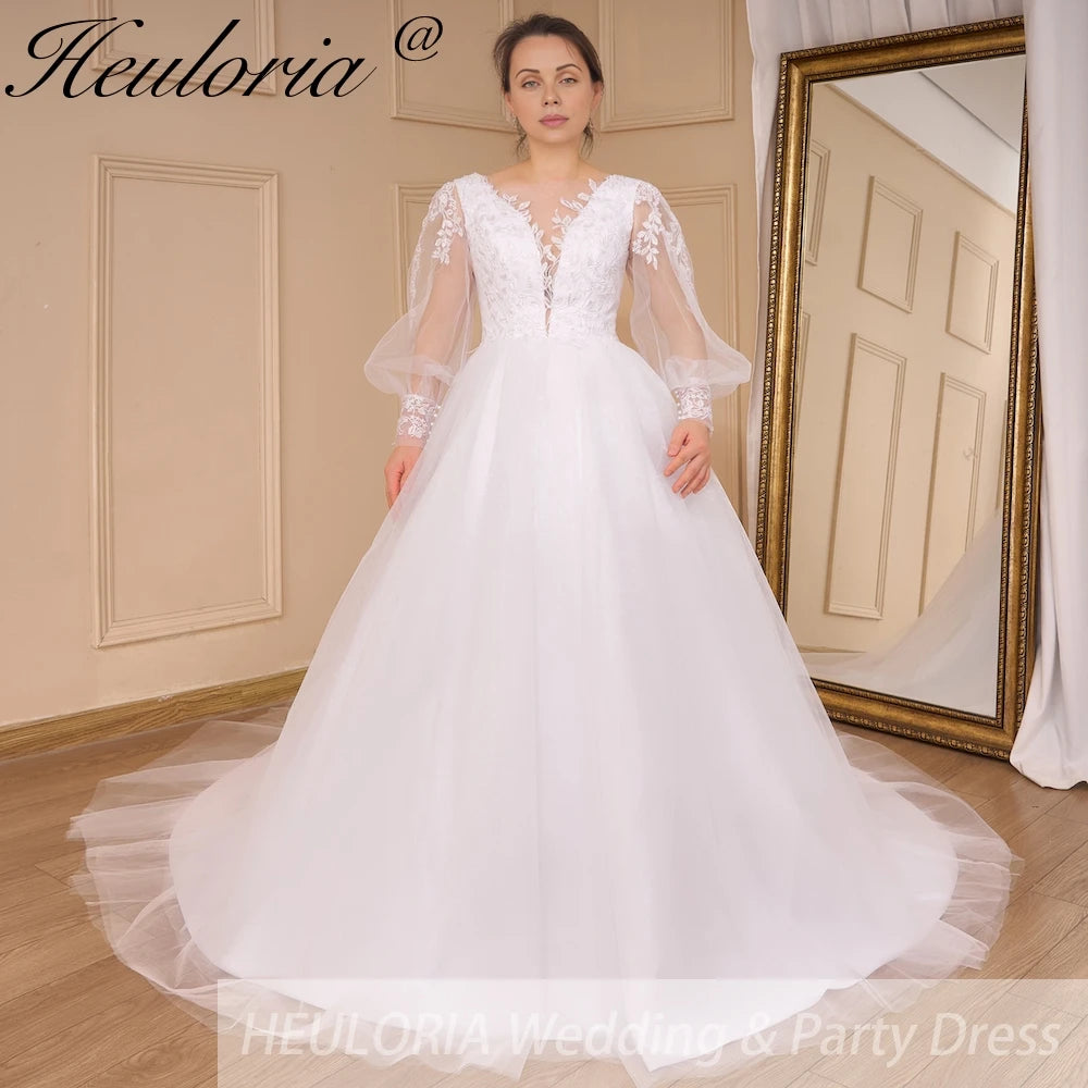 HEULORIA Boho Wedding Dress long sleeve V neck lace bride dress plus size robe de mariee  A line Wedding Bridal Gown AL-783
