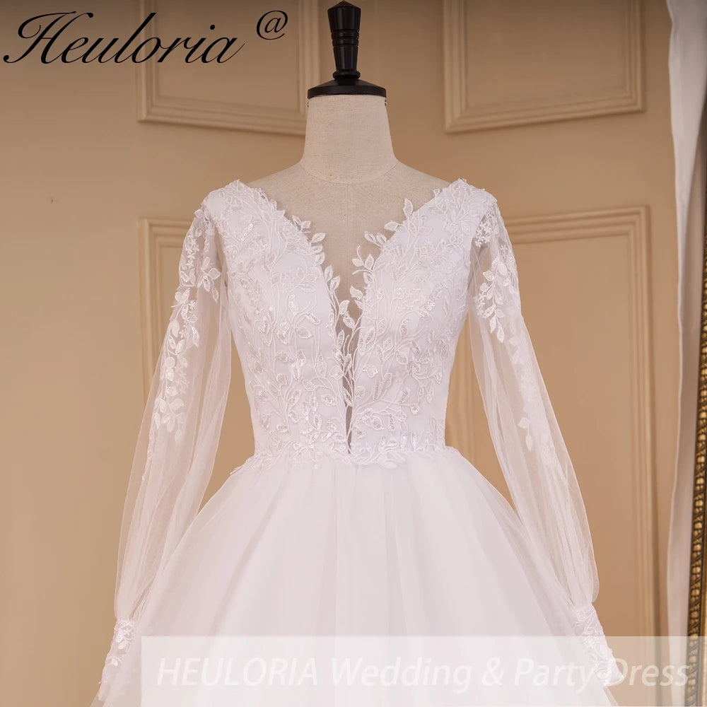 HEULORIA Boho Wedding Dress long sleeve V neck lace bride dress plus size robe de mariee  A line Wedding Bridal Gown AL-783A