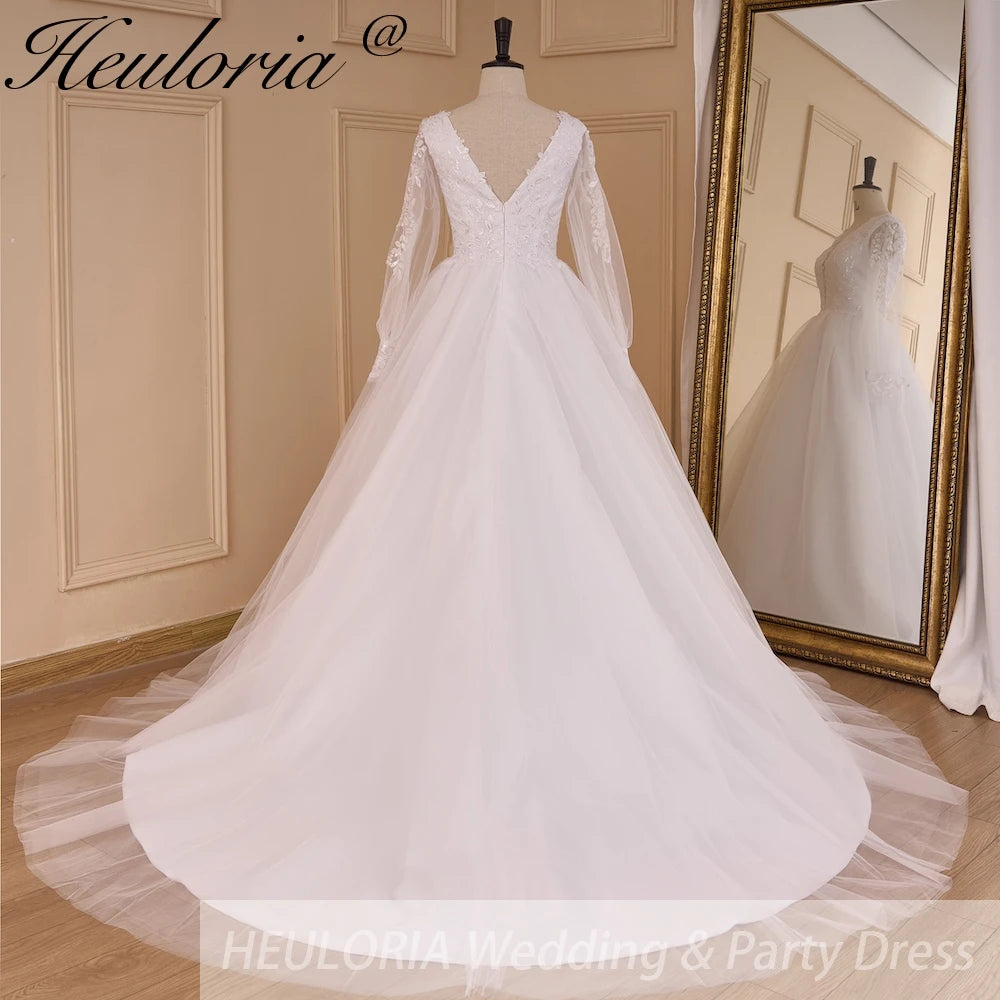 HEULORIA Boho Wedding Dress long sleeve V neck lace bride dress plus size robe de mariee  A line Wedding Bridal Gown AL-783A