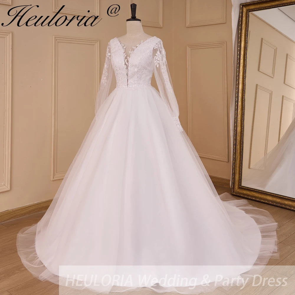 HEULORIA Boho Wedding Dress long sleeve V neck lace bride dress plus size robe de mariee  A line Wedding Bridal Gown AL-783A