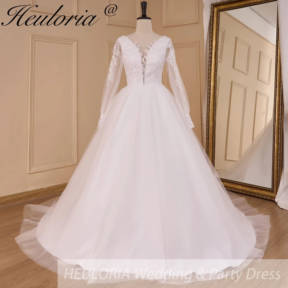 HEULORIA Boho Wedding Dress long sleeve V neck lace bride dress plus size robe de mariee  A line Wedding Bridal Gown AL-783A