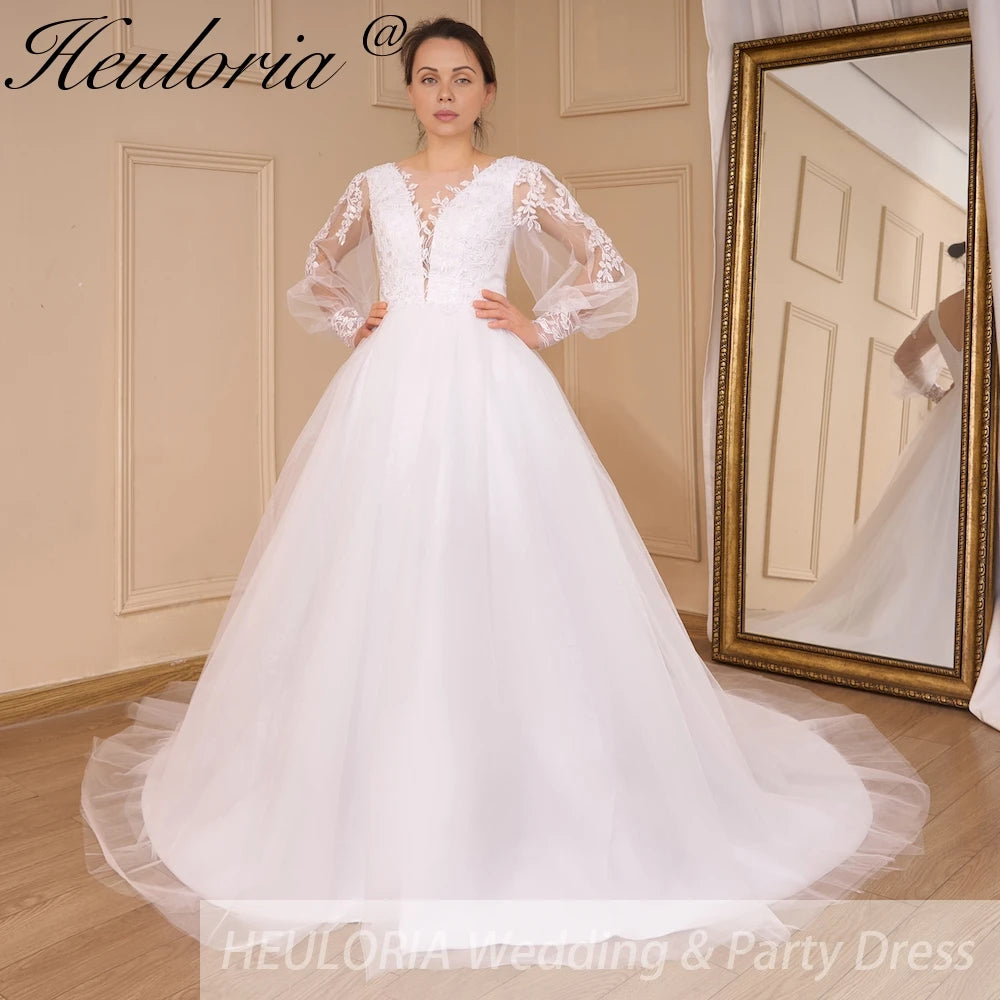 HEULORIA Boho Wedding Dress long sleeve V neck lace bride dress plus size robe de mariee  A line Wedding Bridal Gown AL-783