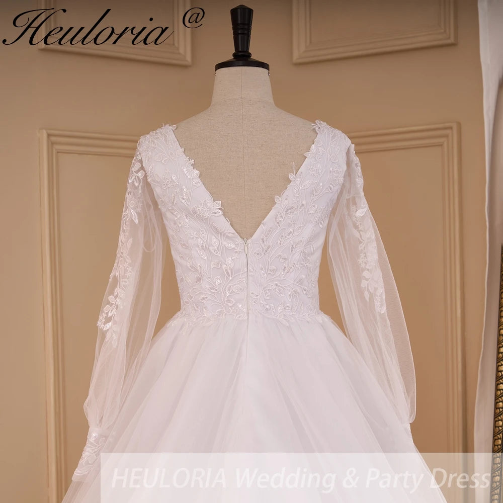 HEULORIA Boho Wedding Dress long sleeve V neck lace bride dress plus size robe de mariee  A line Wedding Bridal Gown AL-783A