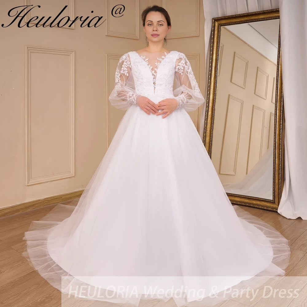 HEULORIA Boho Wedding Dress long sleeve V neck lace bride dress plus size robe de mariee  A line Wedding Bridal Gown AL-783